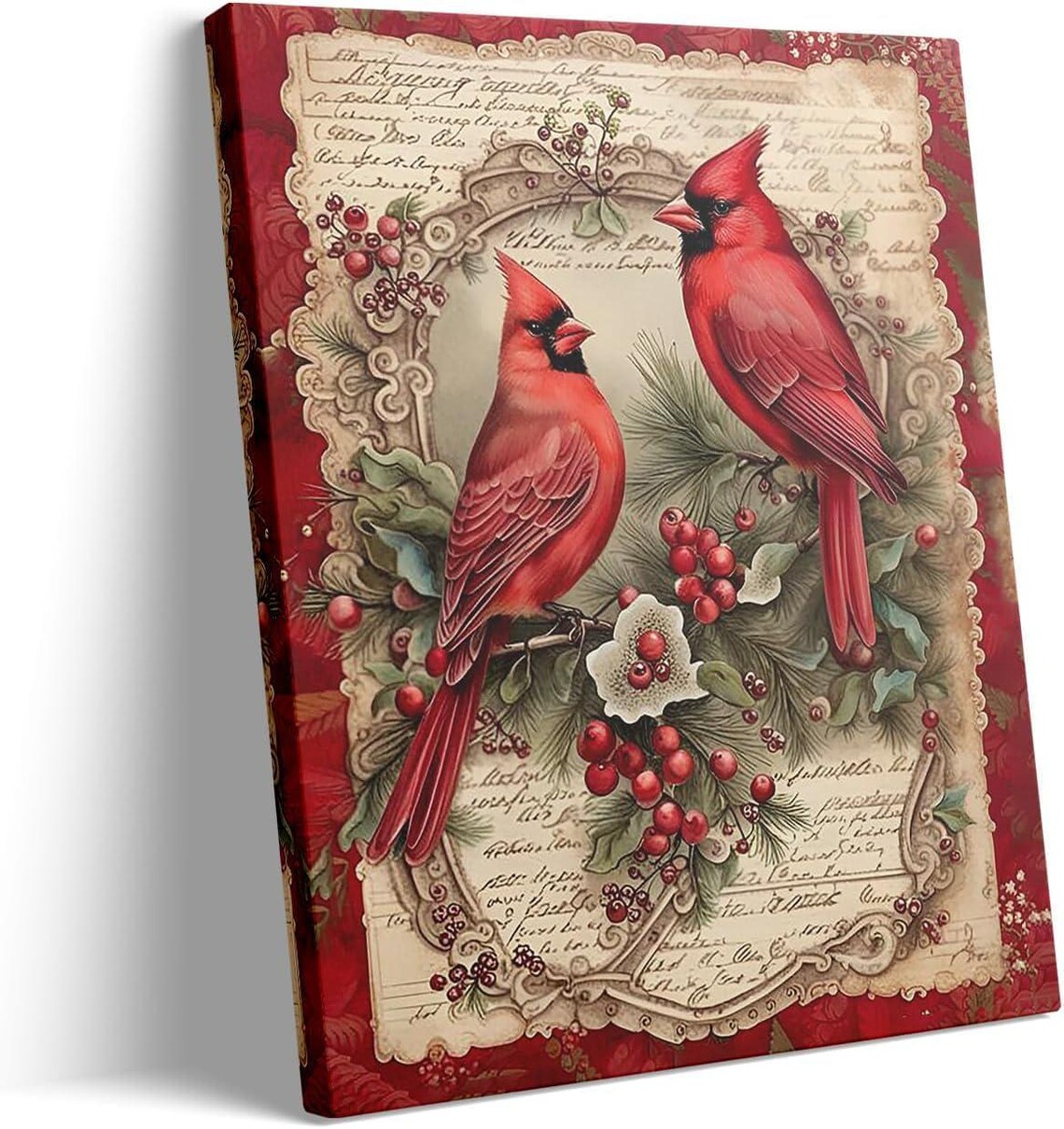 Pair of Red Cardinals on a Berry Branch Vintage Script Art Poster - Image 3