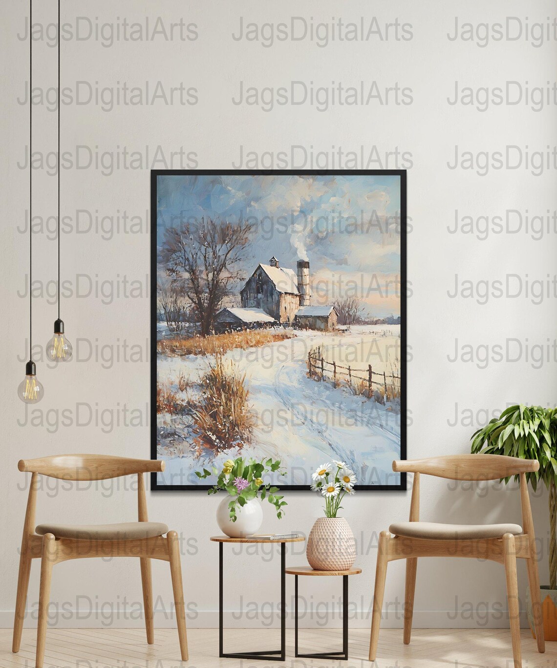 Snowy Farm Barn Oil Painting Winter Countryside Landscape Scene Poster - Image 4