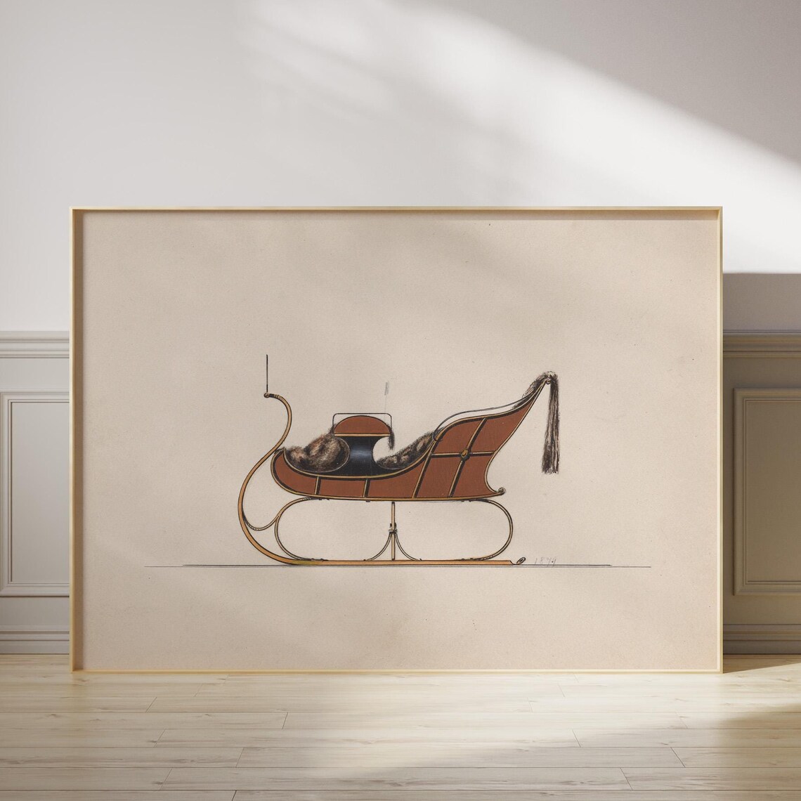 Vintage Sleigh Holiday Art Print, Antique Drawing