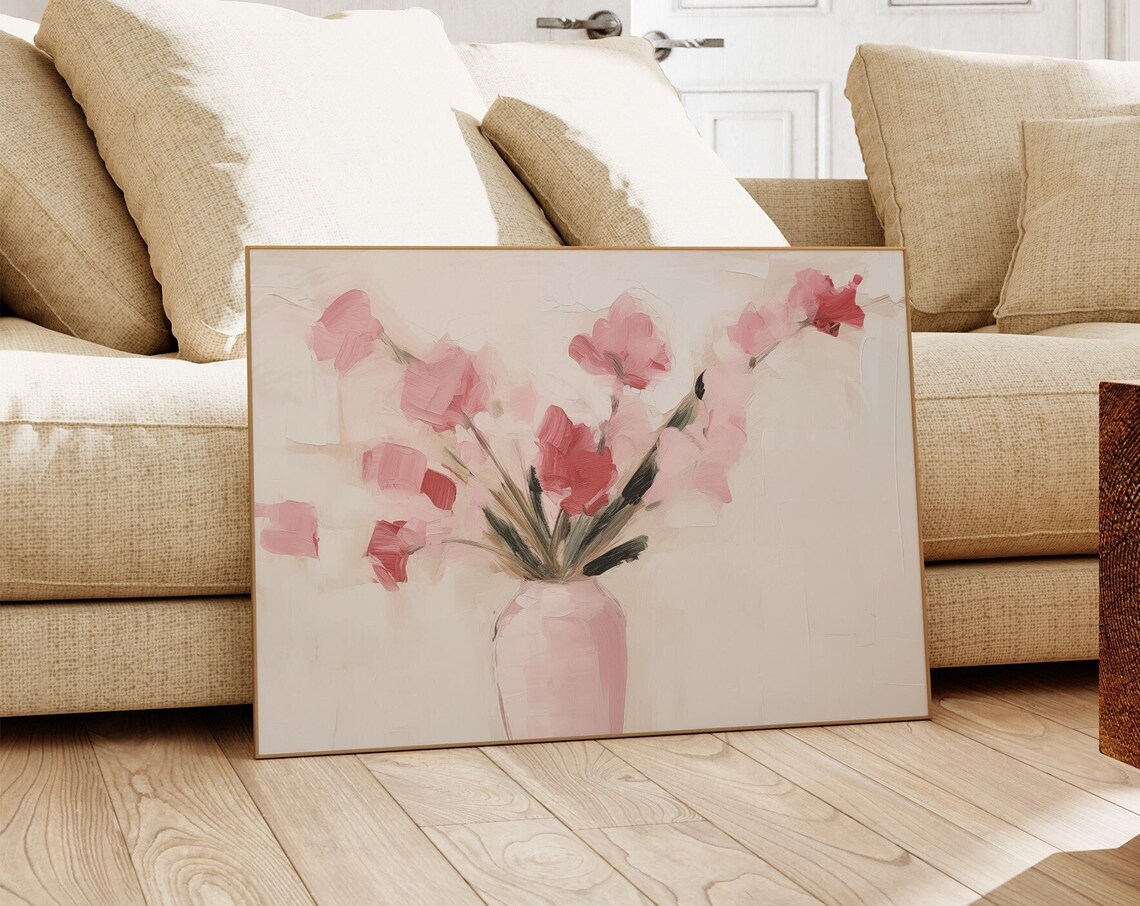 Abstract Pink Flowers In Vase Modern Still Life Floral Art Poster