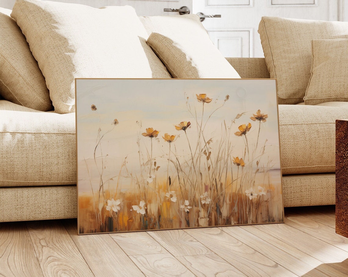 Muted Wildflower Meadow Horizontal Botanical Field Vintage Style Art