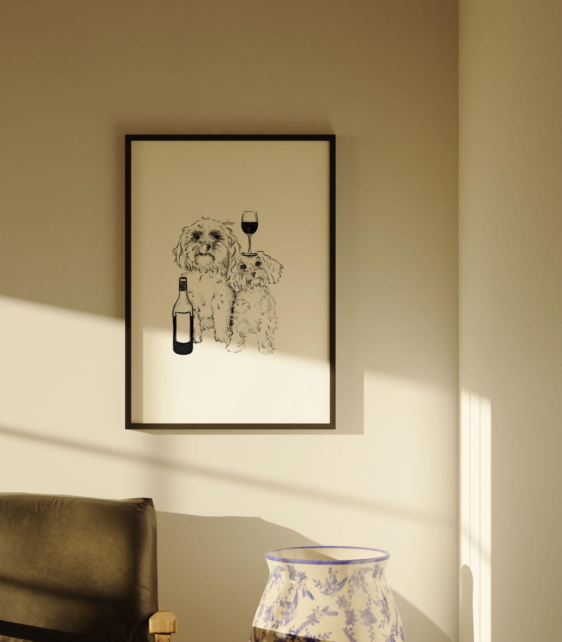 Cavapoo Dogs And Wine Drawing, Art Print - Image 5