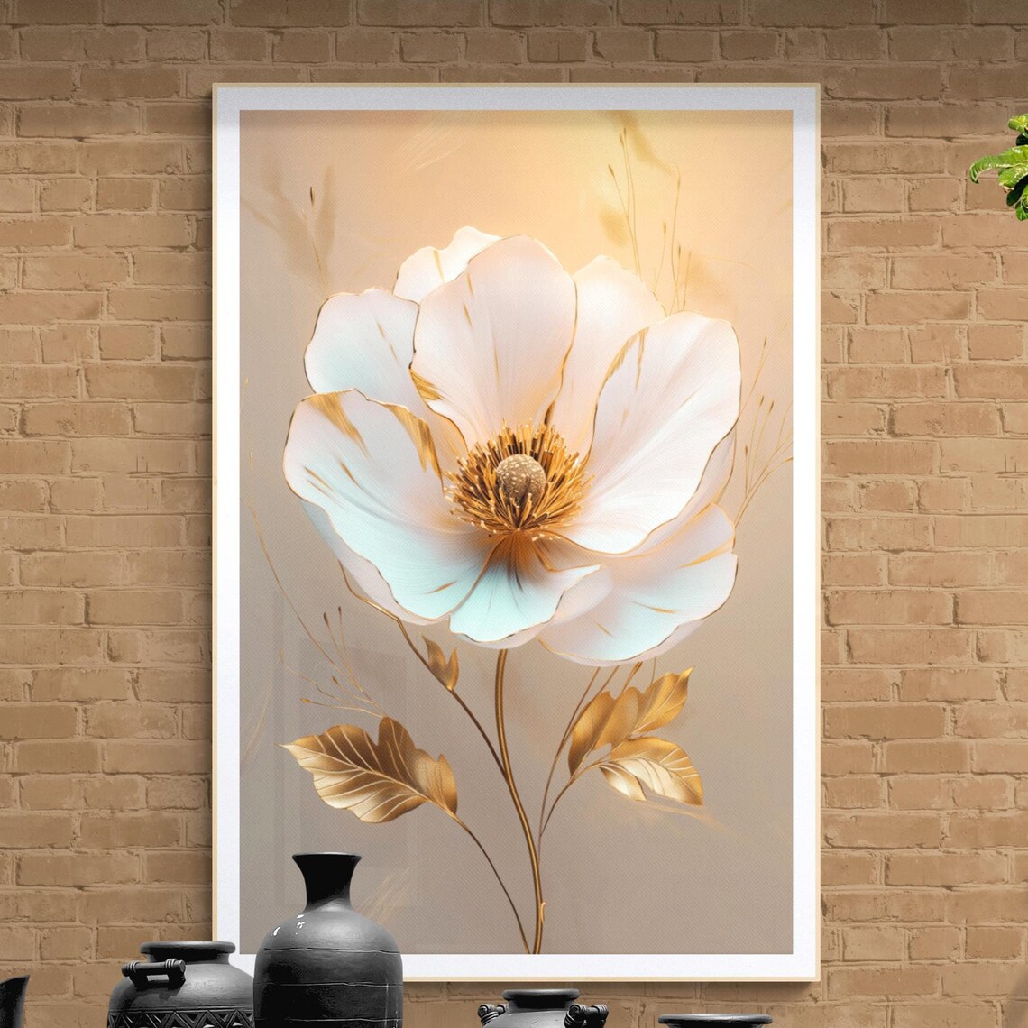 Elegant White Flower With Gold Petals Botanical Luxury Wall Art Poster