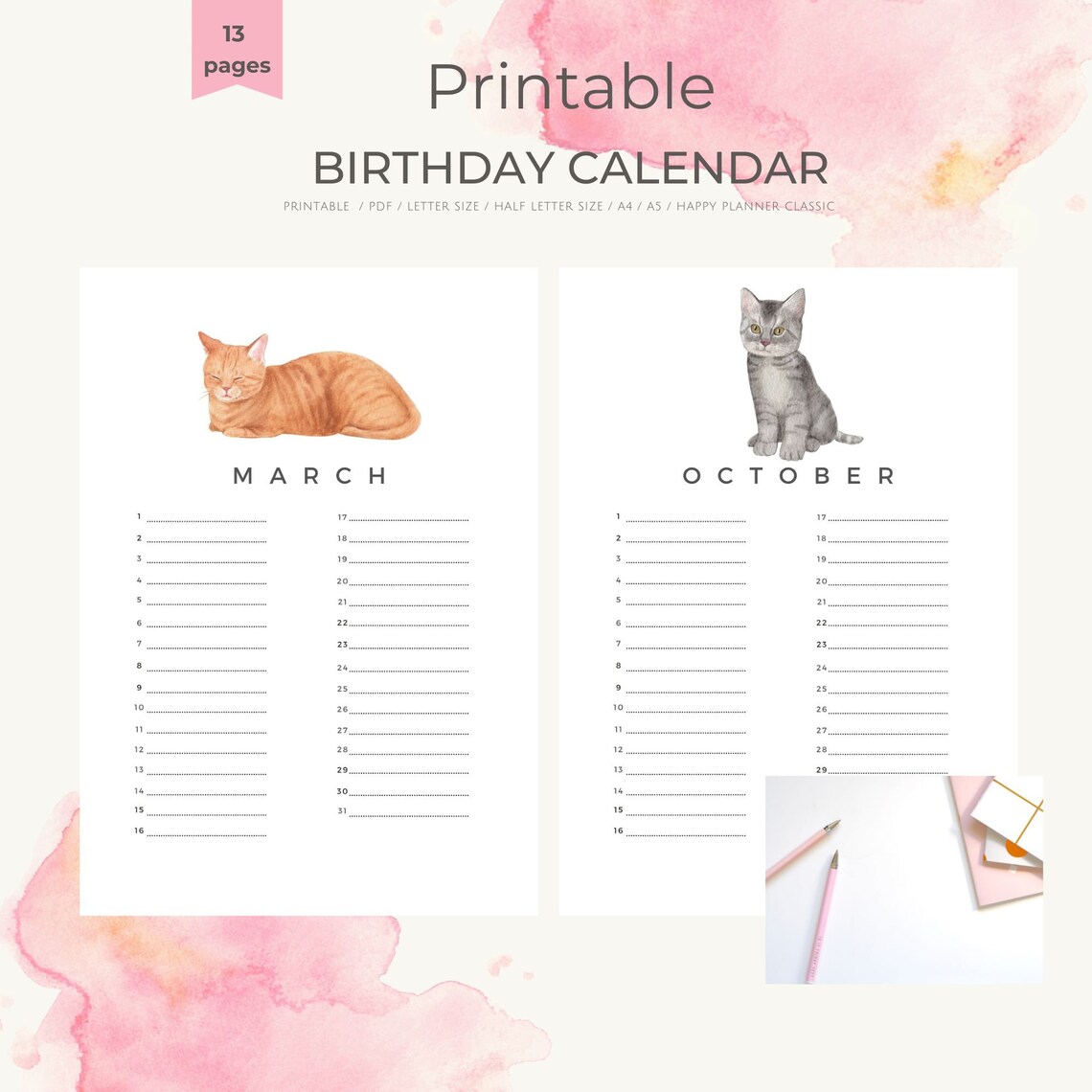 Watercolor Cats Birthday Calendar Digital Download 13 Pages Poster - Image 4