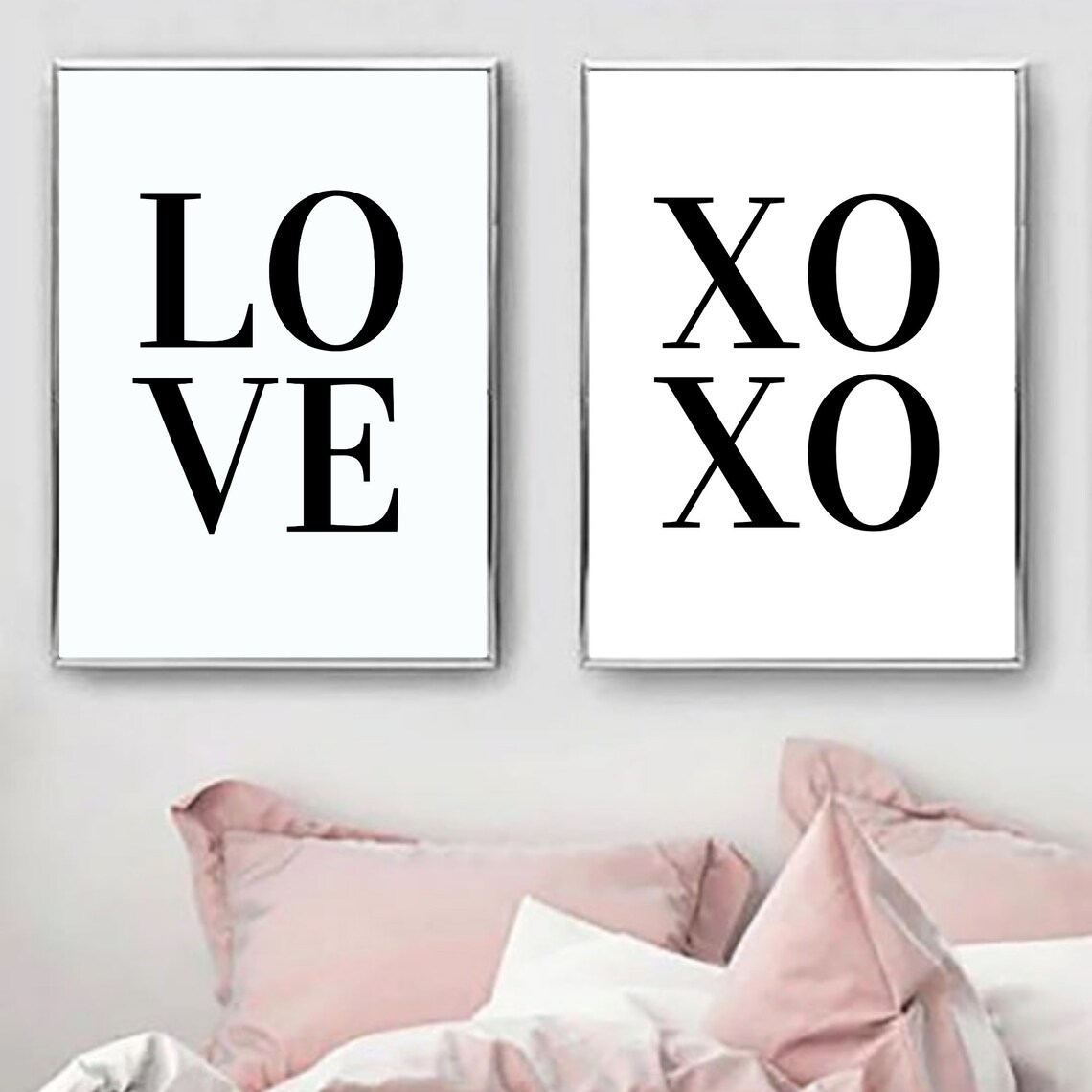 Love Xoxo Typography Set of 2 Minimalist Black White Bedroom Wall Art - Image 2