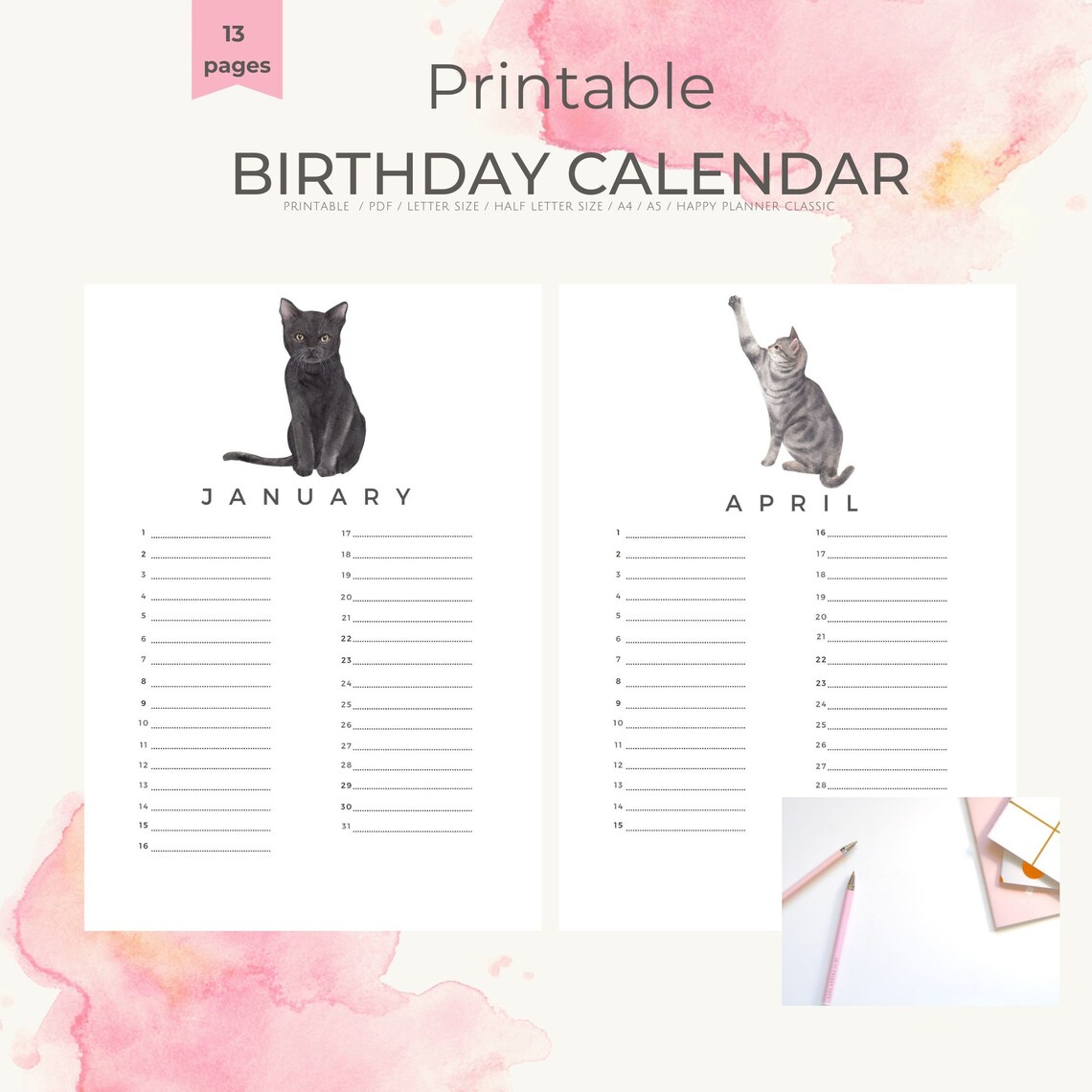 Watercolor Cats Birthday Calendar Digital Download 13 Pages Poster - Image 5