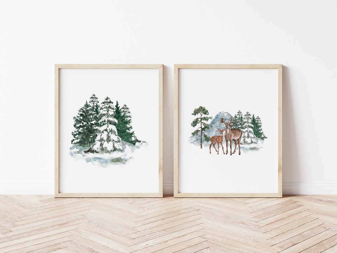 Watercolor Snow Covered Evergreen Trees Winter Minimal Wall Art Print - Image 5
