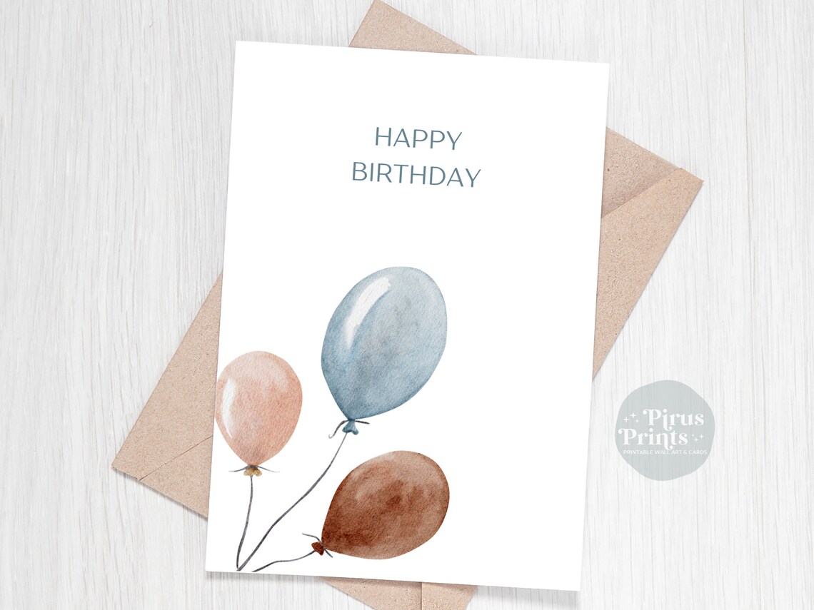 Birthday Card Minimal Watercolor Ballon In Blue And Brown Instant - Image 5
