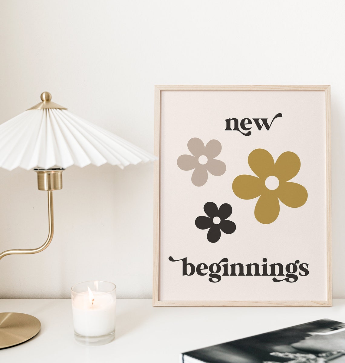 New Beginnings Retro Floral Quote Print Boho Gold Daisy Wall Art - Image 5