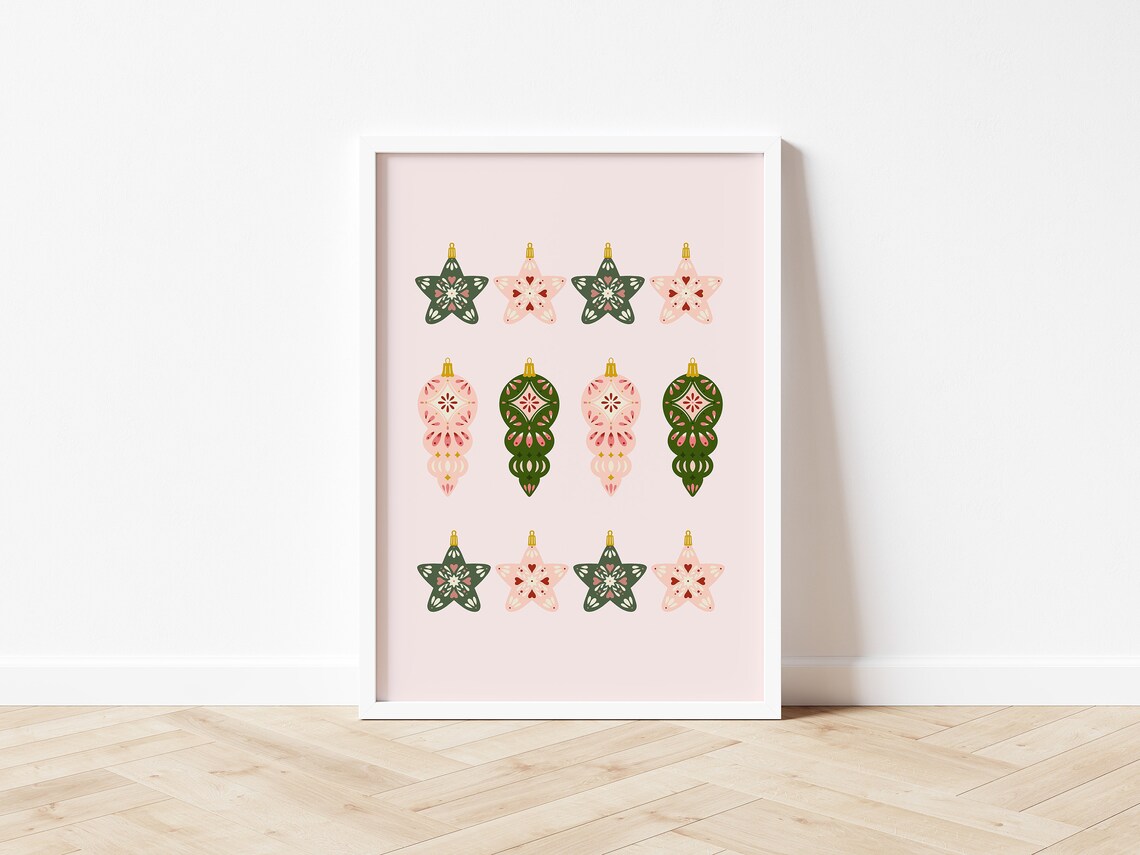 Retro Christmas Ornament Art Print, Pink Green Holiday Decor - Image 2