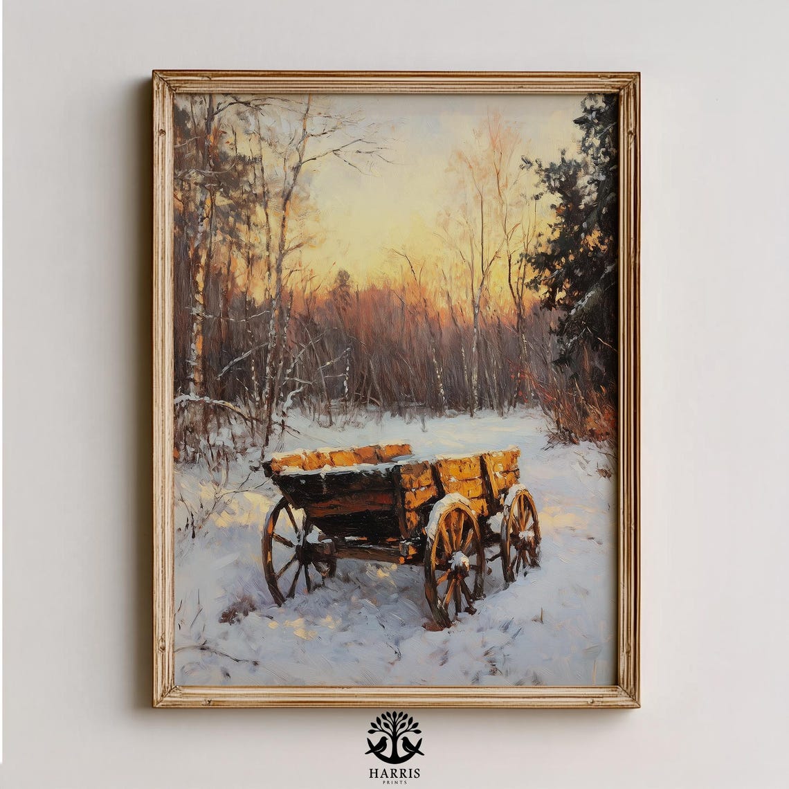 Abandoned Wooden Wagon Snowy Forest Winter Sunset Rustic Art Poster