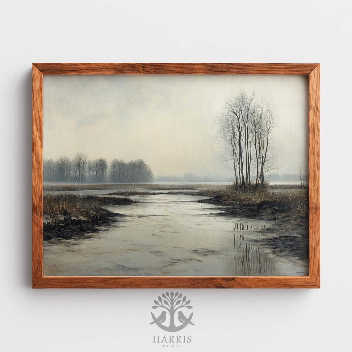 Misty Winter River Landscape Painting Bare Trees Soft Gray Print