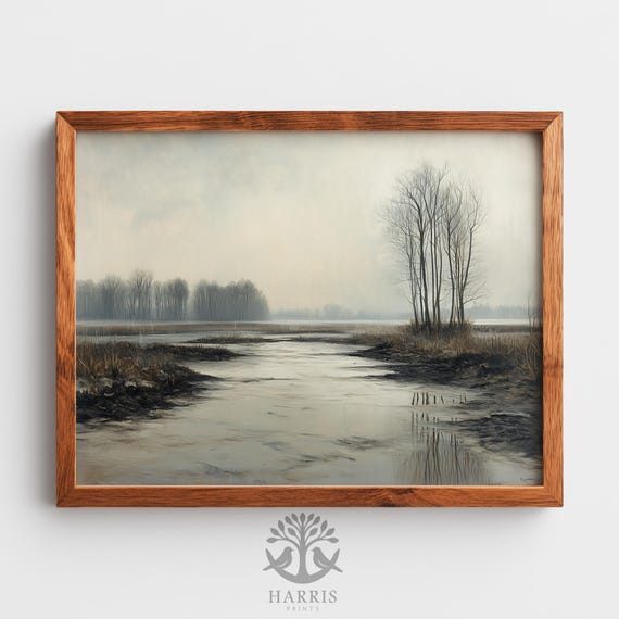 Winter Landscape Painting Moody Rustic Farmhouse Art Leafless Trees In Rainsoaked Fields Cold Countryside Decor 568