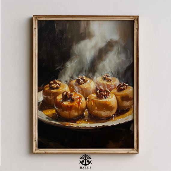 Rustic Autumn Kitchen Decor Oil Painting Of Baked Apples With Walnuts Warm Moody Still Life Art Cozy Fall 317