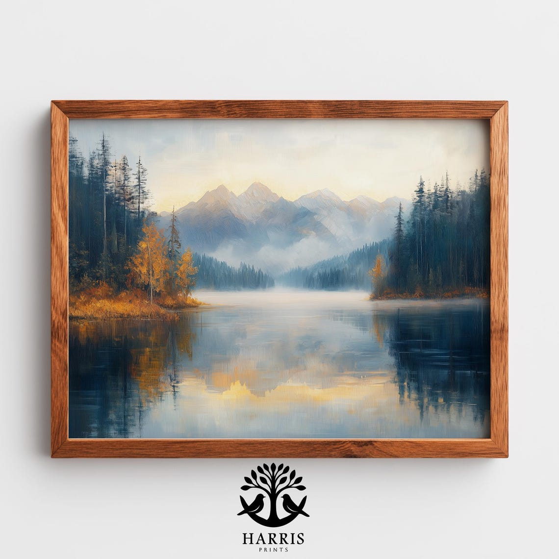 Misty Mountain Lake Dawn Pine Forest Reflection Oil Painting Print