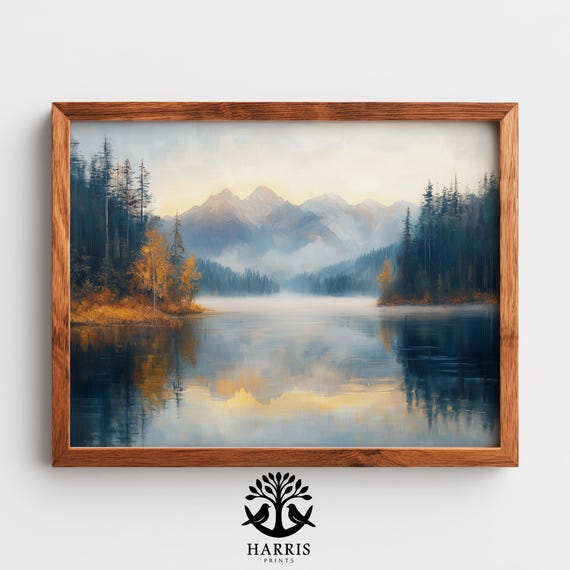 Serene Mountain Lake Sunrise Painting Moody Autumn Landscape Art Cozy Rustic Wall Decor Natureinspired 454