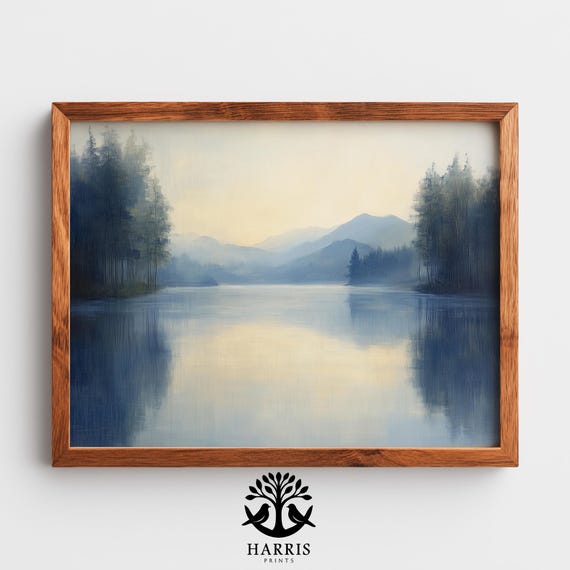 Moody Misty Lake At Dawn Painting Serene Foggy Waters Tranquil Morning Landscape Art Neutral Bluegray 298