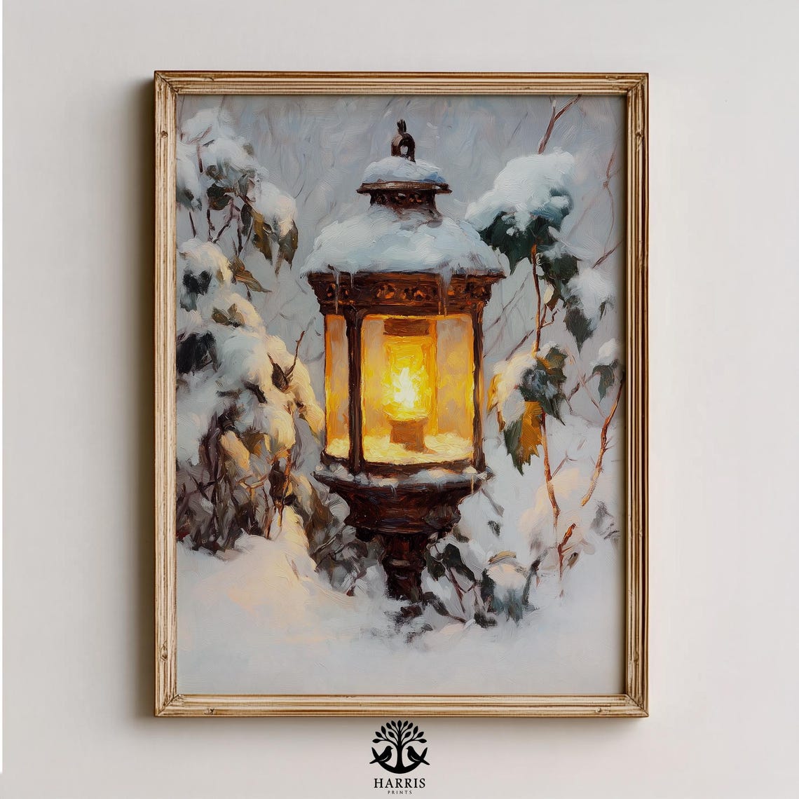 Rustic Winter Lantern Glowing in Snow Vintage Oil Painting Poster