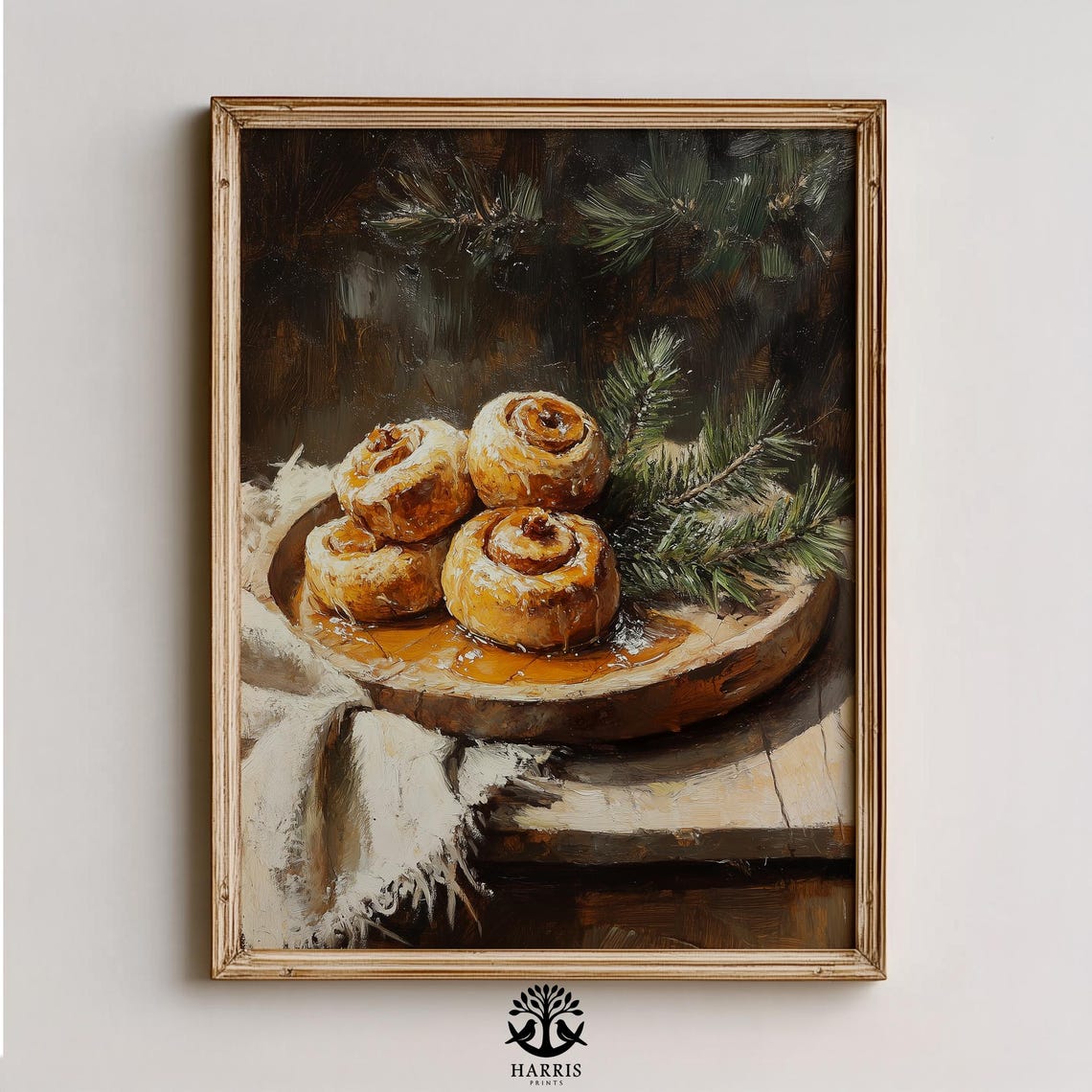 Warm Cinnamon Rolls Wooden Board Pine Sprigs Winter Kitchen Art Poster