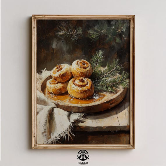 Rustic Cinnamon Roll Still Life Cozy Farmhouse Moody Wooden Tray Art Vintage Bakery Decor Autumn Kitchen Print 344