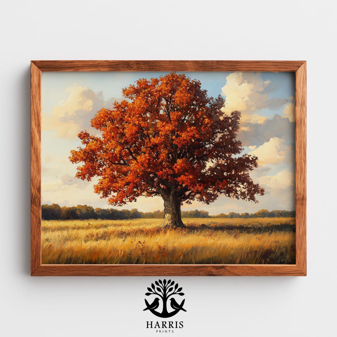 Lone Autumn Tree Golden Field Warm Sky Oil Painting Wall Art
