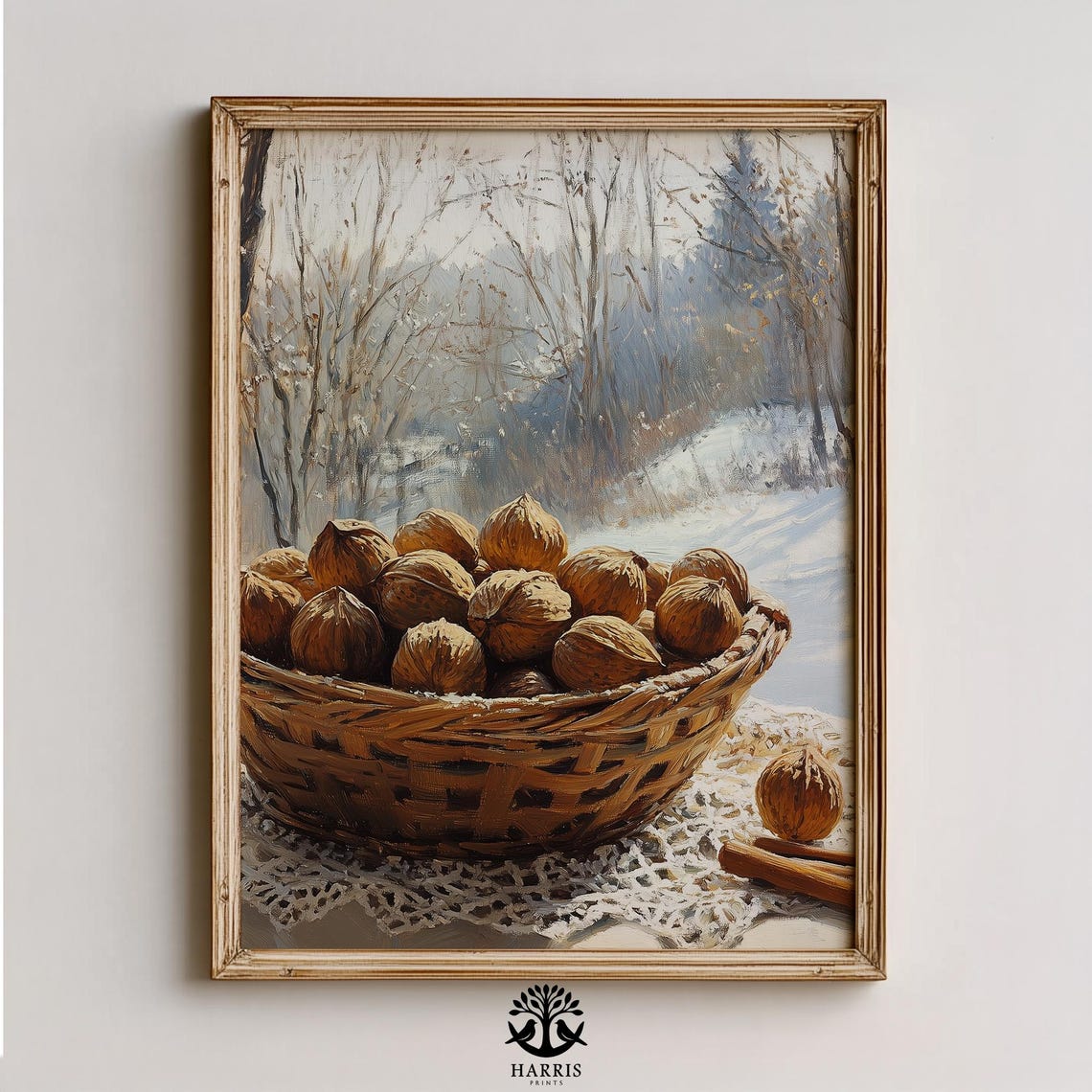Vintage Wicker Basket of Walnuts Cinnamon Winter Window Art Print