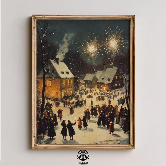 Vintage Winter Village Fireworks Night Holiday Celebration Poster