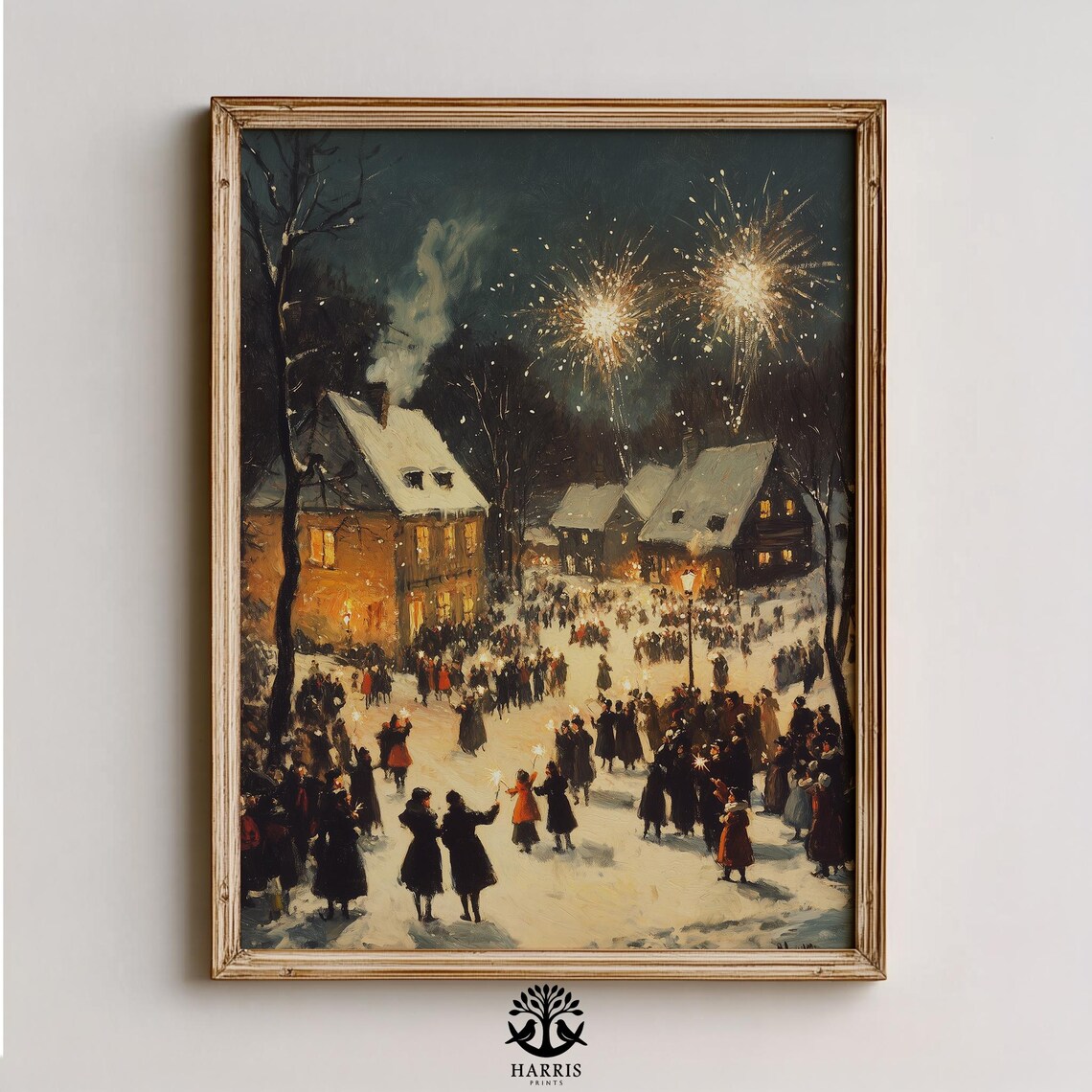 Vintage Winter Village Fireworks Night Holiday Celebration Poster
