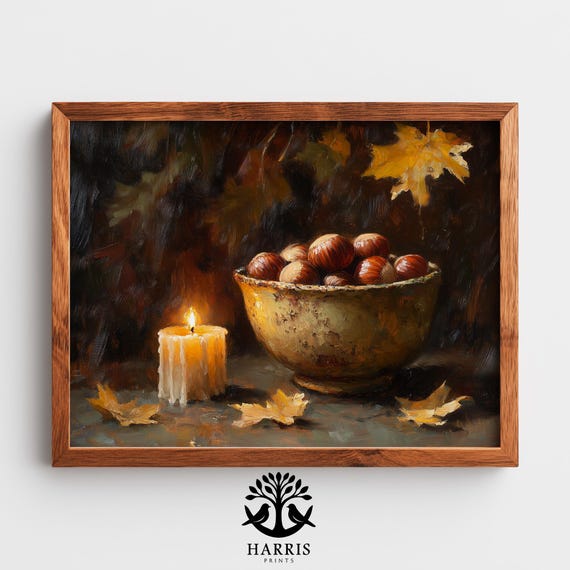 Moody Autumn Stilllife Rich Traditional Vintage Art Chipped Bowl Chestnuts Rustic Fall Decor Earthy Wall 274