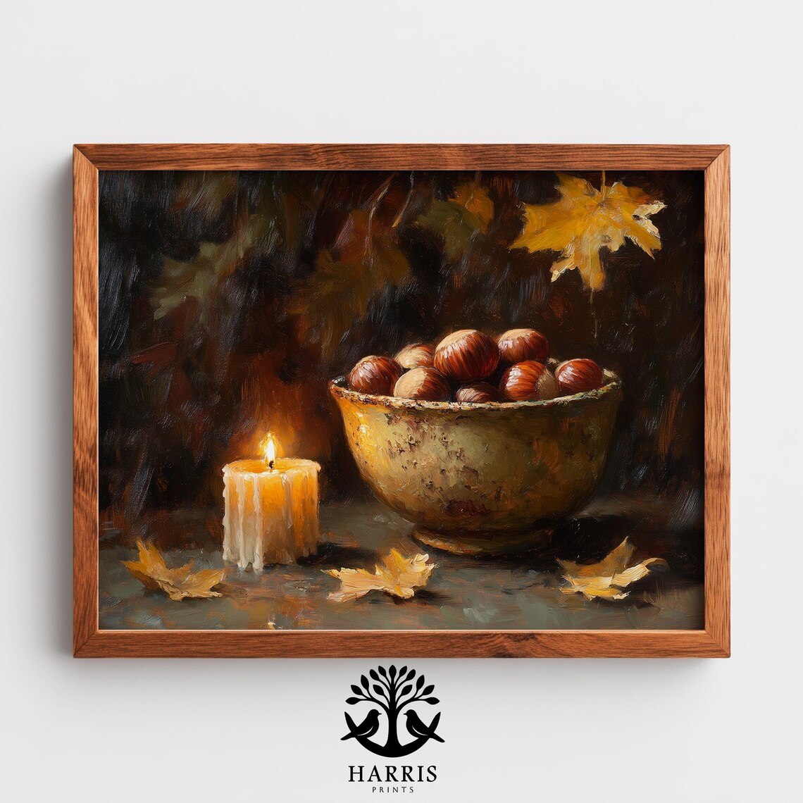 Cozy Autumn Chestnut Bowl Candle Still Life Dark Oil Wall Art