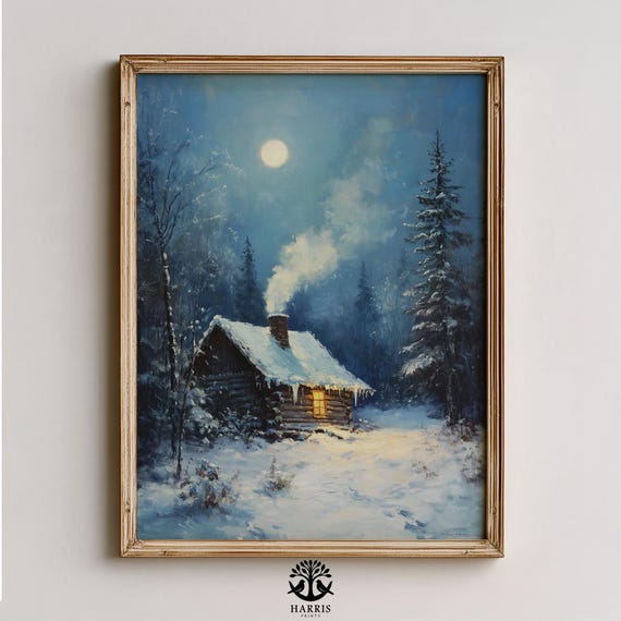 Rustic Winter Cabin Art Cozy Moonlit Forest Scene Snowy Pines Farmhouse Decor Painting 467