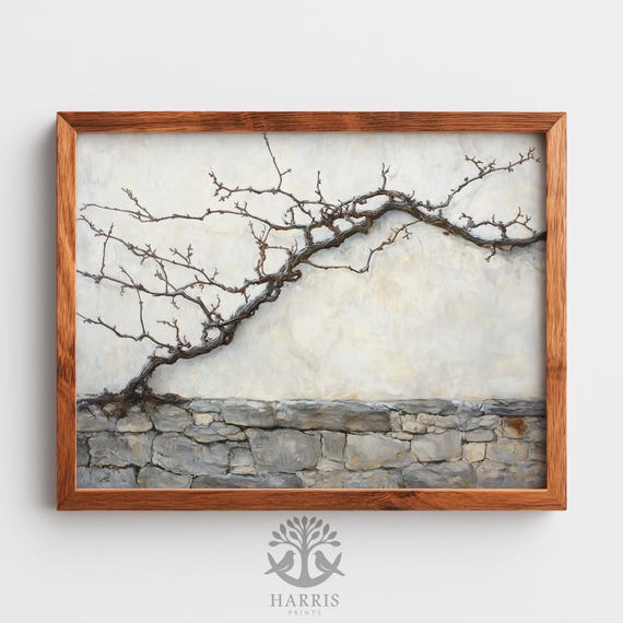Moody Winter Vines On Aged Plaster Rustic Vintage Farmhouse Decor Minimalist Art Neutral Wall 583