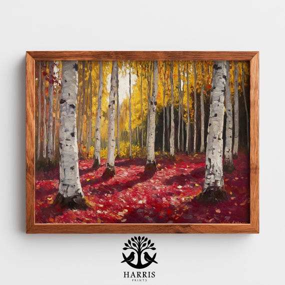Autumn Birch Grove Painting Moody Rustic Forest Landscape Cozy Fall Wall Art Golden Leaf Canopy Scene 264