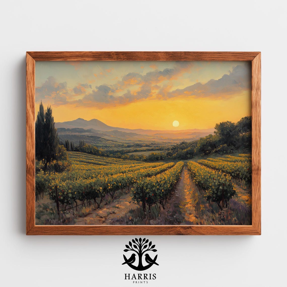 Vineyard Rows Golden Light Mountain Valley Landscape Oil Print