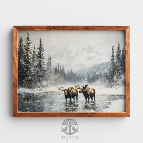 Moody Winter Moose Landscape Rustic Wildlife Art Scene With Misty Calm Evergreen Retreat 538