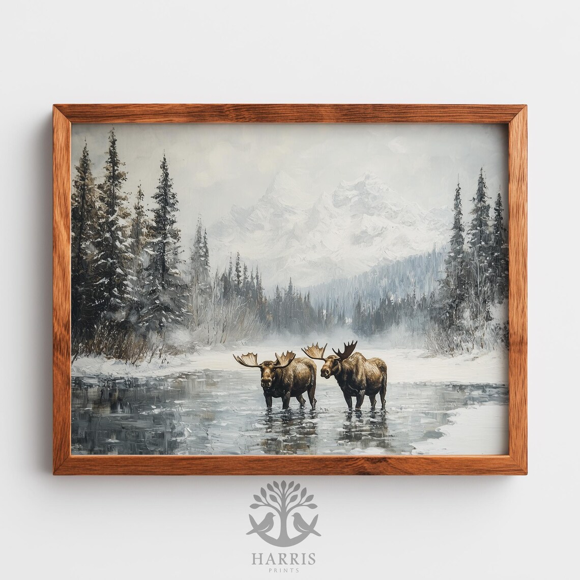 Two Moose Winter River Snowy Mountains Oil Painting Wildlife Wall Art
