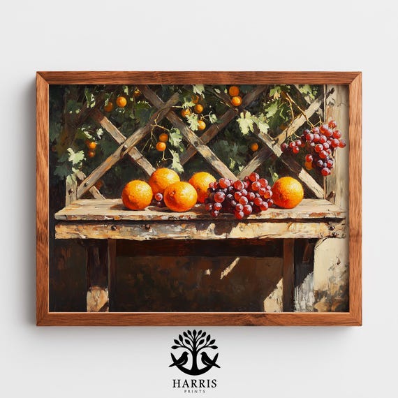 Farmhouse Blood Orange And Grape Still Life Vintage Warm Wall Art Rustic Kitchen Decor Cozy Sunlit Scene Painting 380