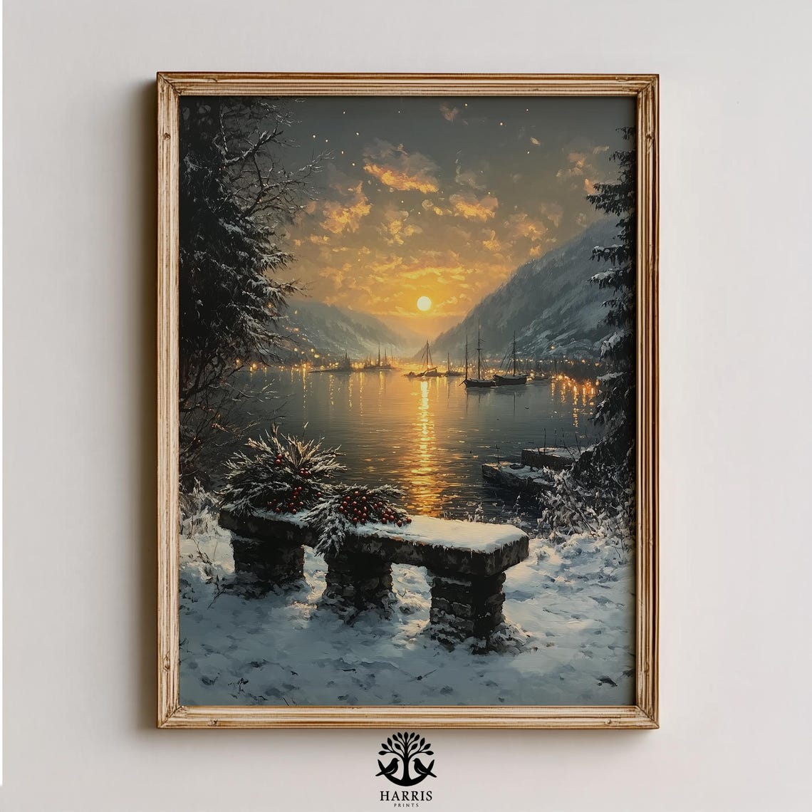 Snowy Harbor Sunset Sailboats Winter Landscape Scene Art Print