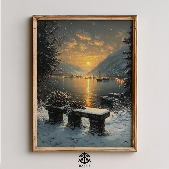 Snowy Harbor Sunset Sailboats Winter Landscape Scene Art Print