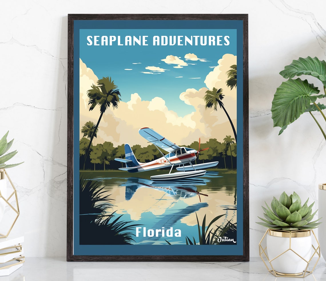 Florida Seaplane Adventures Water Landing Vintage Travel Poster