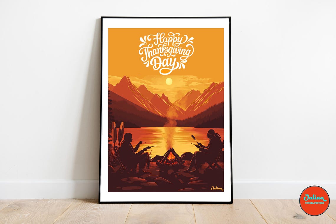 Happy Thanksgiving Day Lakeside Campfire Sunset Gathering Poster