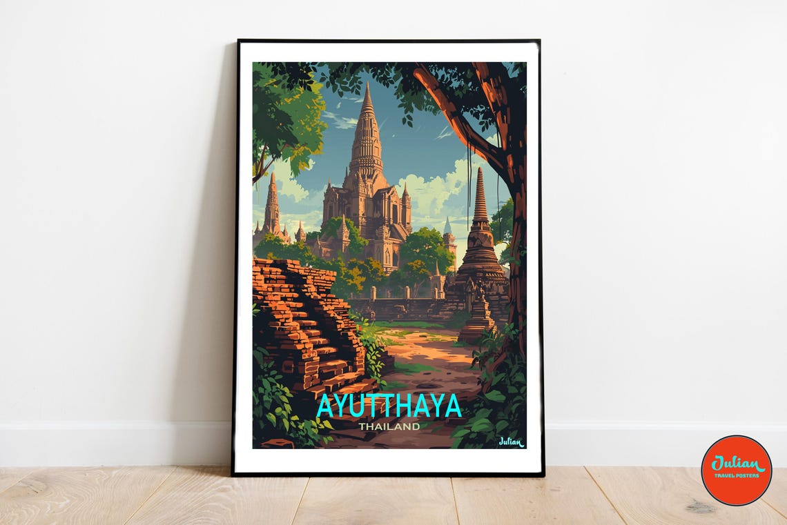 Ayutthaya Thailand Ancient Temple Ruins Vintage Travel Art Poster