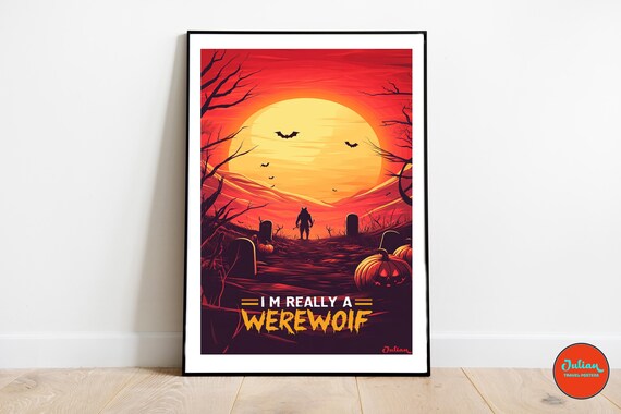 Spooky Werewolf Graveyard Silhouette at Sunset Halloween Poster