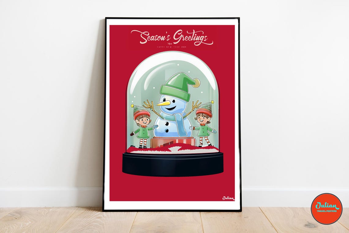Season's Greetings Red Snow Globe Snowman and Elves Holiday Poster
