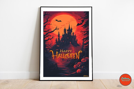 Happy Halloween Haunted Castle Under Blood Red Moon Art Poster