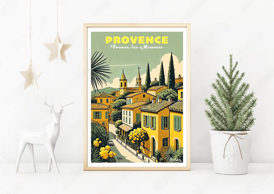 Provence Bormes les Mimosas Golden Village Street Travel Poster