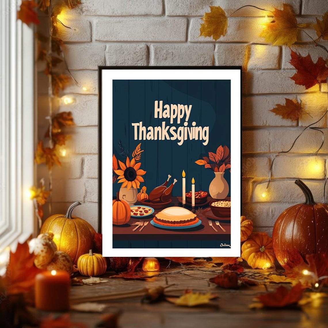 Happy Thanksgiving Candlelit Dinner Table Feast Illustration Poster - Image 2