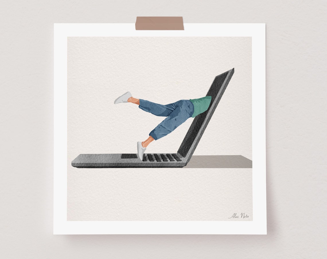 Diving Headfirst Into a Giant Laptop Work From Home Humor Poster