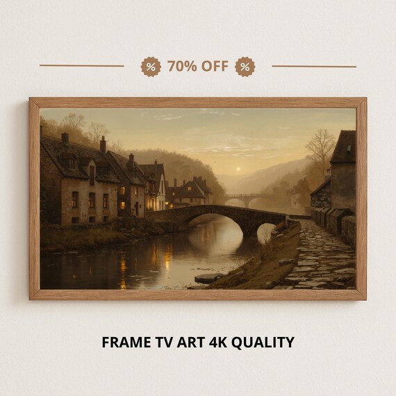 Misty Village Stone Bridge River Dawn Golden Windows Landscape Poster