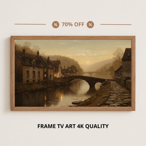 Samsung Frame Tv Art 4k Golden Sunset Over A Riverside Village Fall Oil Painting Landscape Nature Wall Decor 3840x2160